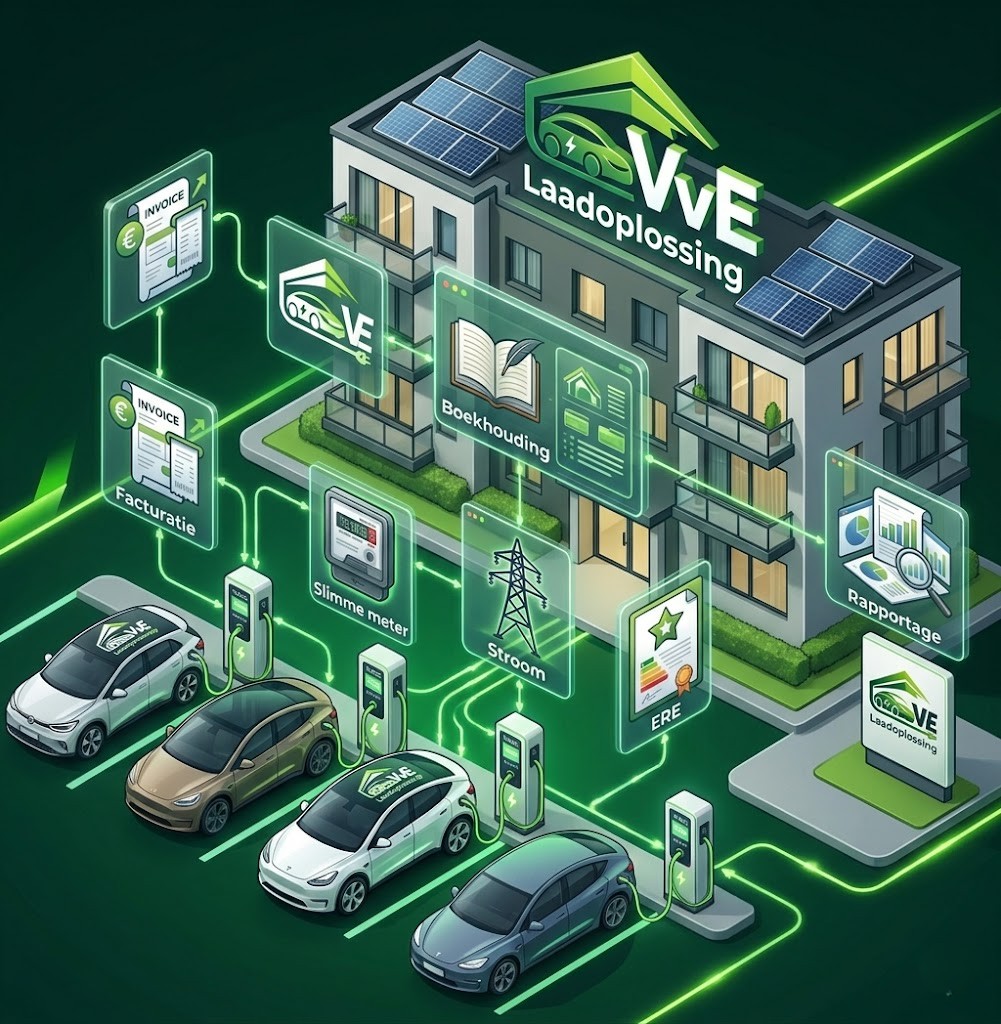 A VvE charging plaza: billing, power, VAT and energy certificates handled together.