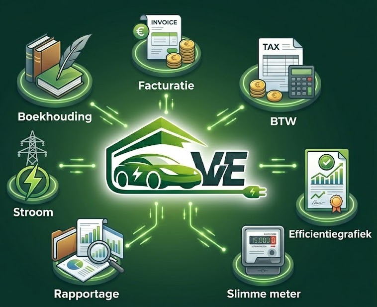 A VvE charging file brought together: billing, VAT, energy certificates, smart meter, power, reporting and bookkeeping.